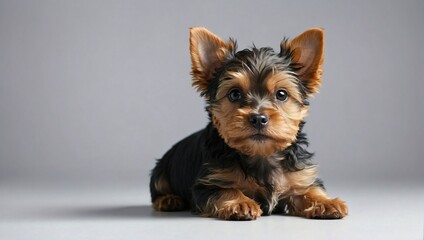 A tiny Yorkshire Terrier puppy sitting on a grey surface with an endearing look and soft, fluffy fur