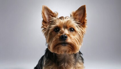 Yorkshire Terrier with a glossy tan and black coat, attentively gazing, set against a simple, soft grey background.