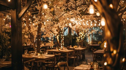 Fototapeta na wymiar Elegant Wedding Boutique with Trees, Flowers, and Lights Creating Fairytale Vibes