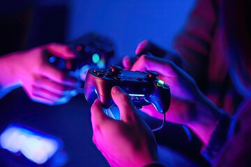 friends playing console video games controller hands closeup neon lights