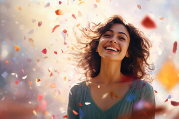 A delighted woman smiles under a shower of heart-shaped confetti