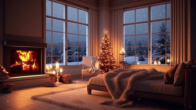 Interior of a cozy house with a burning fireplace and a glittering Christmas tree with a view of snow and snow-covered trees from the window