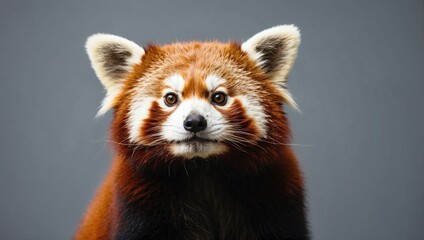 Obraz premium A curious Red Panda looks forward with an intense gaze, its rich red and black fur standing out against a neutral studio background.