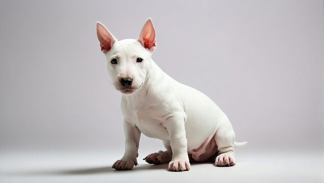 Bull Terrier puppy in a minimalist studio setting, showcasing its unique egg-shaped head and muscular build with a curious expression.