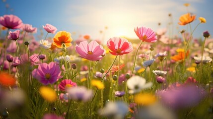Flower field in sunlight, spring or summer garden background