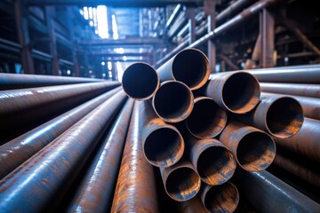 Steel pipes inside the factory or warehouse. Industrial production - obrazy, fototapety, plakaty