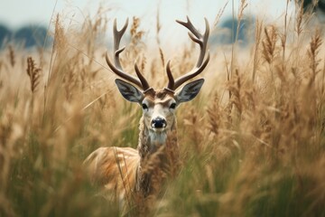 Naklejka na ściany i meble Deer head in tall grass