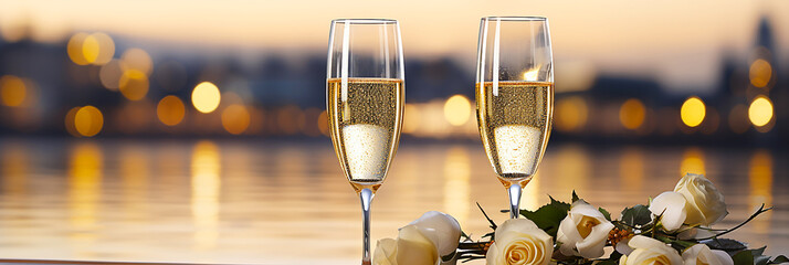 Roses and two champagne glasses by the sea
