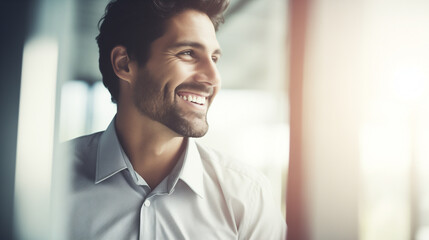 Bellissimo uomo d'affari sorridente in ufficio