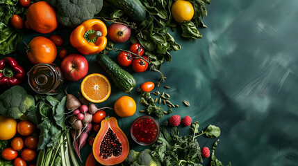 Colorful Fresh Fruits, Vegetables, and Berries Assortment on a Dark Green Surface