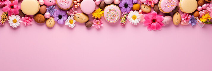 Lots of flowers and colorful Easter eggs on a pink background with copy space.