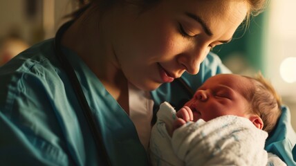 Nurse Cradling Newborn Baby with Genuine Emotions