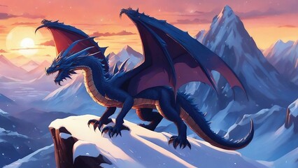 Ice and blue dragon on a mountain cliff at sunset