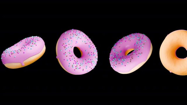 Pink Donuts with Sprinkles Rotating on a Black Background with Alpha Channel Matte. Seamless Loop of Doughnuts spinning. 3d Rendered Animation of Pastry and Confectionery