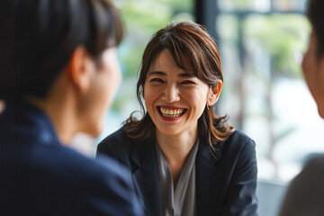 Japanese Businesswoman in Job Interview: Candid Meeting, Recruitment Talk, Manager and Candidate Discussion, Happy HR Management Interaction, Middle Aged Professional Negotiation, Business People Enga - obrazy, fototapety, plakaty