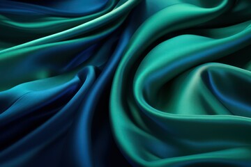 Close-up view of elegantly waved blue and green satin fabric