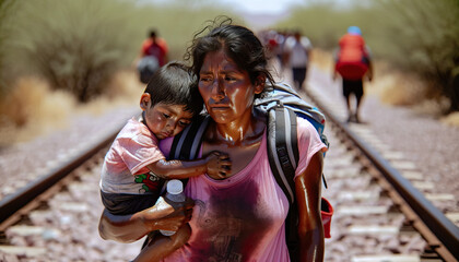 Fototapeta premium A South American Migrant Mother carrying a child in search of a better life,forced to migrate due to poverty, food insecurity, or violence due to a dominating drug trade