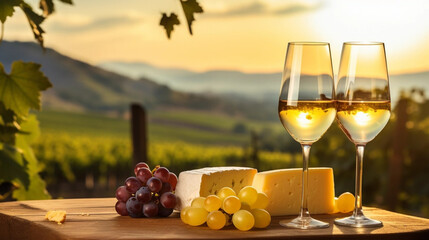 copy space, stockphoto, Grape wine in glass , Bunch of grapes on the table and cheese. Vineyard in the background. Concept of summer or autumn. National Drink Wine Day.