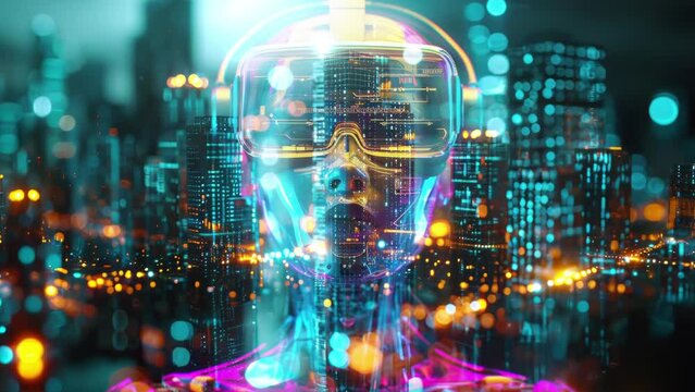 cyberpunk neon city skyline with electricity abstract lines and matrix code and overlayed female robot