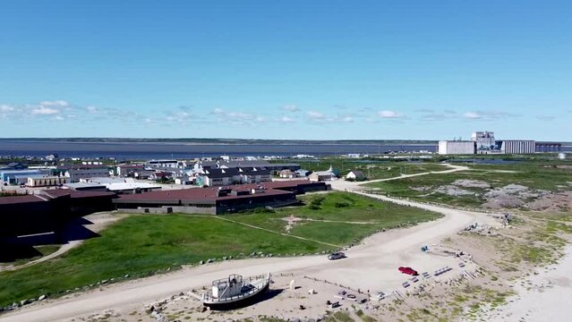 Aerial flyover of the town of Churchill, Manitoba, Canada