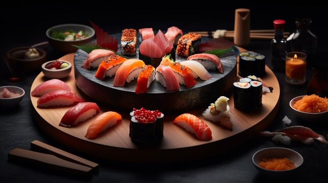 Beautiful sushi rolls Asian food set in a luxury restaurant isolated on a dark background. Generative AI illustration