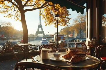Cafe Chic: A Classic Parisian Afternoon Unfolds as a Couple Indulges in the Delights of a Charming Cafe, Immersed in the Timeless Atmosphere of Romance and Culinary Bliss.

 - obrazy, fototapety, plakaty