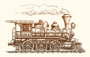 Vintage steam locomotive, side view. Hand drawn retro train sketch. Transport vector illustration