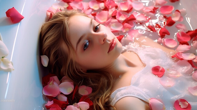An attractive girl rests in a bath on a light background of roses