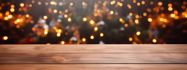 Empty table in front of Christmas tree with decorations background.