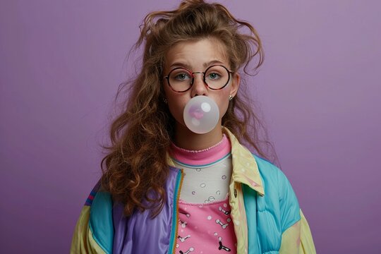 Stylish Teen Girl Blowing Bubble Gum in 80s Attire