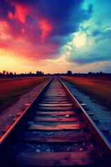 A railroad track stretching into the distance under a vibrant sunset sky.