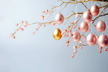 Easter tree branch with colorful easter eggs hanging on blooming plum tree branches. Pink tone. Header of the site, header design - obrazy, fototapety, plakaty