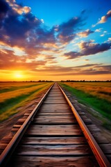 Railroad tracks disappearing into the horizon during a beautiful sunset, creating a serene and picturesque scene.