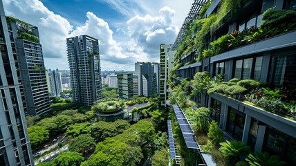 Modern Cityscape with Solar Panels and Green Roofs - obrazy, fototapety, plakaty