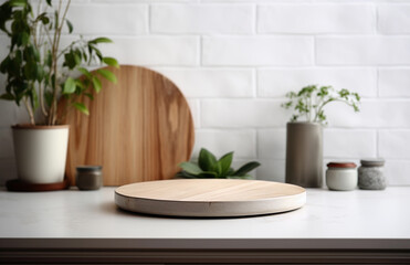Kitchen table podium on blurred background. Wooden round desk in the cottage core modern kitchen interior. Empty product display. - obrazy, fototapety, plakaty