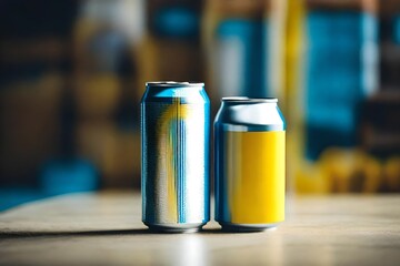 Fototapeta premium yellow and blue canned beverage packaging mockup