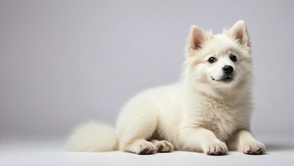 American Eskimo Dog puppy lying down on a grey studio background, its fluffy white fur and playful demeanor highlighted in the minimalist setting.
