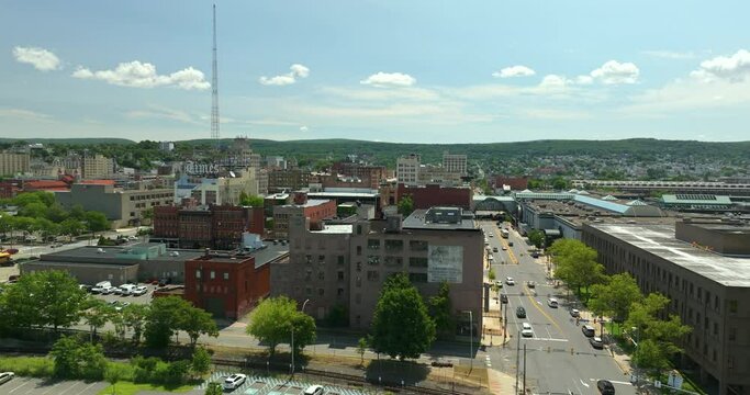 Aerial view of Scranton, the largest city in Northeastern Pennsylvania with old historical architecture. USA panoramic cityscape