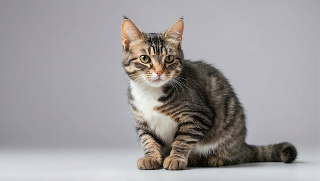 American Wirehair cat with striking striped fur sitting against a soft grey background in a studio setting, showcasing its captivating eyes and distinctive coat texture.
