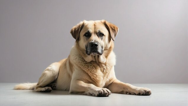 Anatolian Shepherd Dog lying in a studio, its imposing presence and vigilant expression accentuated by a neutral grey background.