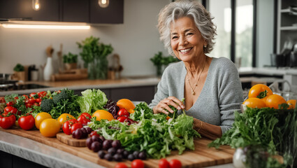 Adult woman in the kitchen with different vegetables and fruits homemade - obrazy, fototapety, plakaty