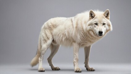 A serene Arctic wolf stands alert in a photography studio, its white fur and calm blue eyes creating a striking contrast with the muted gray background.