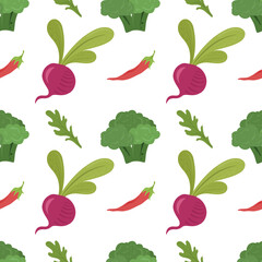 The pattern of vegetables. Healthy, eco food. vegetables flat hand-drawn seamless pattern. Healthy nutrition cartoon texture. Great texture for wallpaper, wrapping paper, and tablecloth.