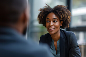 Meeting, recruitment or managers in job interview with young diverse african american businesswoman talking or listening in negotiation. Business people, smile or candidate speaking to happy hr manage - obrazy, fototapety, plakaty