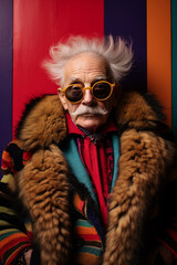 An elderly man with a vibrant outfit stands against an isolated background