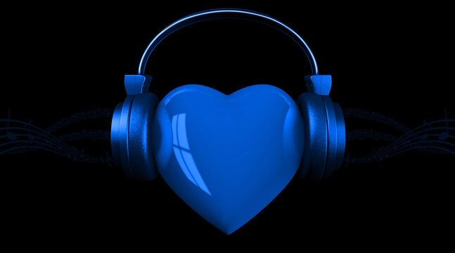 3D illustration of a heart with headphones.