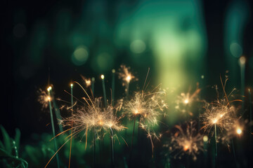 sparking sparkler in the green area. sparkler fire with blurred bokeh background. new year or St. Patrick's Day.