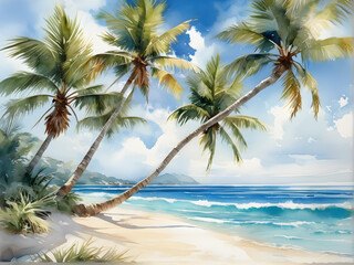 Serenity Shore: Tranquil Watercolor Illustration of a Relaxing Beach Escape. generative AI
