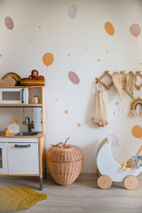 Scandinavian children's room. Creative wall. Copy space. Template.