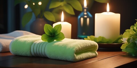 Fototapeta na wymiar Towels and candles are set up on a table with a green flower. Hotel spa massage concept banner